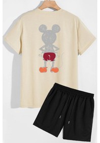 Resim Sırt Baskılı Şort T-shirt Eşofman Takımı Bej 