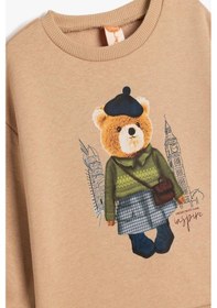 Resim Koton Kız Bebek Sweatshirt Ayıcık Baskılı Uzun Kollu Bisiklet Yaka Pamuklu Şardonlu Kahve 