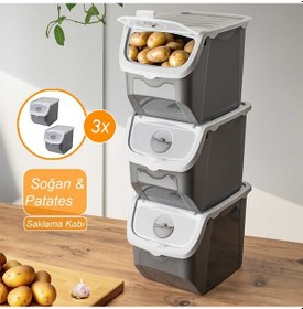 Resim Porsima Coral 3 lü Çok Amaçlı Plastik Patates Soğan Sarımsak Saklama Kutusu 12 L - Gri 