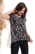 Resim Cotton Mood 22484867 Krep Önü Desenli Sırtı Kruvaze Açık Yarasa Kol Bluz Sıyah Ekru 