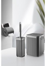 Resim Lines Serisi Gri Banyo Seti, 3 Parça Akrilik 7 Litre Çöp Kovası, Tuvalet Fırçası, Tuvalet Kağıtlık - 3013 