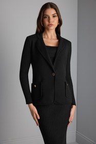 Resim Kolları Ribli Siyah Triko Blazer Ceket 