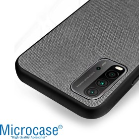 Resim Microcase Xiaomi Redmi 9t Fabrik Serisi Kumaş ve Deri Desen Kılıf - Gri 