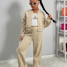 Resim 1-6 Yaş Kız Çocukları İçin 2 Parça Düz Renkli Stand Yaka Uzun Kollu Sweatshirt ve Pantolon Takımı, Sonbahar ve Kış Mevsimi için Uygun, Dış Mekan Kullanımına İdeal 