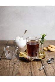 Resim Gold Çelik Tabaklı 18 Parça Modern Cam Çay Ve Kahve Bardak Seti 6 Kişilik Lüks Sunum Takımı Şeffaf 