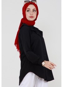Resim Sevitli Yakası Kat Detaylı Poplin Tunik-siyah-3518-siyah Siyah 