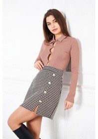 Resim Darlin Moda Kahverengi Düğme Detaylı Tweed Mini Etek DM 2002 Kahverengi 