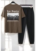 Resim Unisex Los Angles Baskılı 2'li Eşofman Takımı Kahverengi 