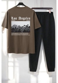 Resim Unisex Los Angles Baskılı 2'li Eşofman Takımı Kahverengi 