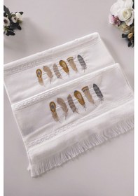 Resim 2'li Nakışlı Kadife El Havlusu -jakarlı Tüy İşlemeli Yüz Havlusu - %100 Pamuk Beyaz Beyaz 