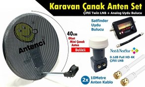 Resim Antenci 40 CM Çiftli LNB + Delikli Karavan Çanak Anten Seti + Analog Uydu Bulucu Antenci