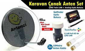 Resim Antenci 40 CM Çiftli LNB + Delikli Karavan Çanak Anten Seti + Analog Uydu Bulucu Antenci