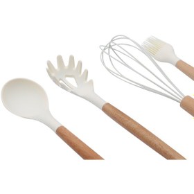 Resim 8 Parça Bambu Saplı Silikon Kepçe Spatula Mutfak Seti Krem 