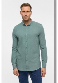 Resim Süvari Haki Slim Armürlü Düğmeli Yaka Gömlek Haki 