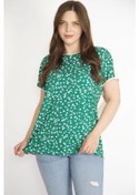 Resim Kadın Yeşil Büyük Beden Ön Desenli Düşük Kollu Bluz-yeşil Yeşil 