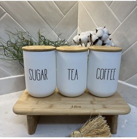 Resim 3lü Bambu Kapaklı Çay/kahve/şeker Kavanozu Beyaz 