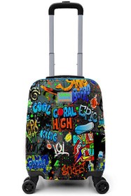 Resim Elatae Policarbon Kırılmaz Siyah Mavi Grafiti Desenli Çocuk Valizi 