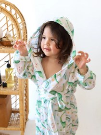 Resim %100 Pamuk 2 Kat Muslin Desenli Bebek Çocuk Bornozu | Dijital Baskı - Rainbow Dino / 4-6 Yaş 
