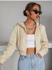 Resim Kadın Krem Crop Fitted Kapşonlu Zip Fermuarlı Polar Hırka Sweatshirt Krem 