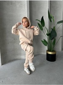 Resim Üç İplik Kapüşonlu Şardonlu Takım Kahverengi - Beyaz 