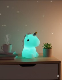 Resim Dekoratif Aydınlatma Sevimli Unicorn Silikon Renk Değiştiren Led Usbli Çocuk Odası Gece Masa Lambası Çok Renkli 