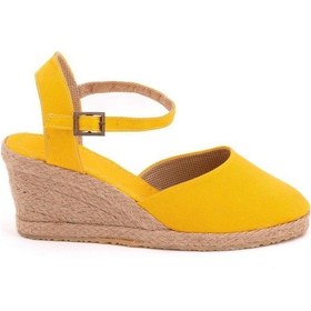 Resim Star Tombis Gerçek Elişi Topuğu Açık Bilekten Bantlı Dolgu Topuk Keten Hasır Espadril Handmade Sarı 