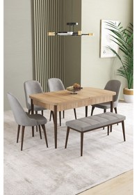 Resim Ikon Meşe Desen 80x132 Mdf Açılabilir Yemek Masası Takımı 4 Sandalye, 1 Bench Gri 