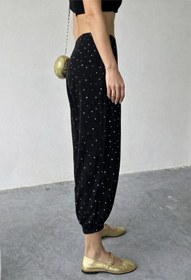 Resim FEVİLLE KADIN SİYAH Beli Lastikli TAŞLI Full LikraLI Şalvar Balon Pantolon 
