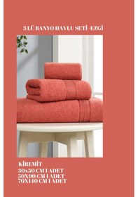 Resim 3 Parça Ekonomik Banyo Havlu Seti Pamuklu Ezgi Kiremit 