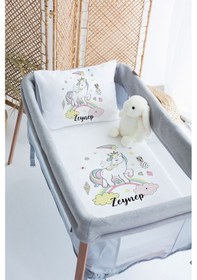 Resim Lilabio %100 Pamuk Saten İsme Özel İsimli 70x120 Park Yatak Nevresim Seti Unicorn Gökkuşağı 