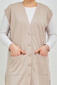 Resim Elçelya Moda Kadın Krem Uzun Cepli Düğmeli Penye Anne Büyük Beden Tunik Yelek 