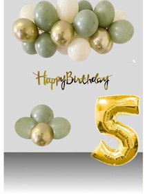 Resim 5 Yaş Retro Krom Gold Küf Yeşili Kum Beji Balon Happy Birthday Banner Gold Rakam Doğum Günü Süsleme Çok Renkli 