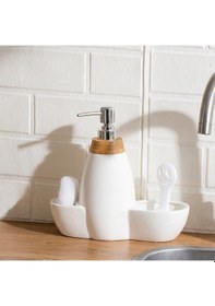 Resim Porsima 5310825 Tezgah Üstü Beyaz Sıvı Sabunluk Fırçalı Süngerli Porselen Sabunluk 700ml 28cm 