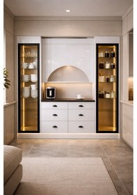 Resim Lüks High Gloss Mutfak Dolabı & Kahve Köşesi - %100 Mdf Gövde, Led Aydınlatmalı, 6 Çekmeceli 190x230 Parlak Deluxe Gri 