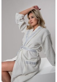 Resim Güvenal Valentis Desenli İşlemeli Kutulu Kadın Erkek Pamuk Bornoz Sabahlık Seti Çeyiz Hediyelik 2 Gri 