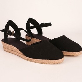 Resim Star Tombis Gerçek Elişi Topuğu Açık Bilekten Bantlı 3cm Dolgu Topuk Siyah Keten Hasır Espadril Handmade Siyah 