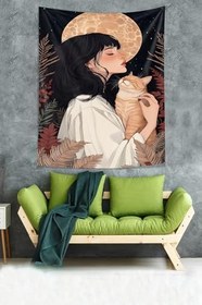Resim Pelangi Kızın Kucağındaki Kedi Hayvan Sevgisi Leke Tutmaz Kumaş Duvar Örtüsü Duvar Halısı Tapestry PNTR518, 70 x 70 
