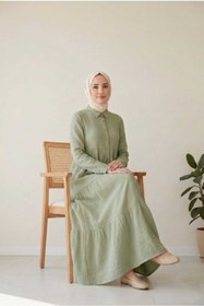 Resim PORİENTO Zeytin Yeşil Kadın %100 Pamuk Müslin Kumaş Elbise Düğmeli Gömlek Yaka Uzun Tesettür Elbise Terletmez Yazlık 