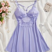 Resim Kadın Seksi Rhinestone Kalp Dekor Kontrast Dantel Pijama Elbise, V Yaka Sırtı Açık Kayma Elbise, Rahat Gecelik 