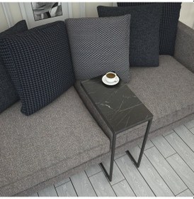 Resim Callen Siyah Mermer Yan Sehpa & Tekerlekli Servis Sehpası Metal 