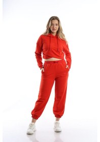 Resim Kadın Kruvaze Detaylı Kapüşonlu Crop Sweat Kırmızı 