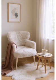 Resim Azra Mobilya Modern Bej Teddy Kumaş Rahat Berjer Tekli Koltuk Yumuşak Dokulu, Ahşap Ayaklı Bej 