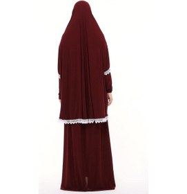 Resim Altobeh Kadın İki Parça Likra Sandy Kumaş Dantelli Kollu Namaz Elbisesi Bordo Antrasit 