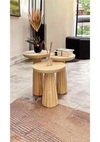 Resim Ahşap Mantar Sehpa 3 Lü Set Naturel Renk Doğal Fiskos Zigon Bej 