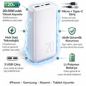 Resim 20.000 Mah Powerbank Hızlı Şarj Led Göstergeli Çift Usb Type-c Girişli Taşınabilir Şarj Cihazı Beyaz 