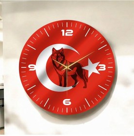 Resim Kırmızı Renkli Baskı Bozkurt Türk Bayrağı Desenli Sayılı Hediyelik Ahşap Sessiz Duvar Saati 50cm ÇOk Renkli 