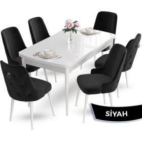 Resim Canisa Concept Nev Serisi 80 x 132 cm Açılabilir Beyaz Mutfak Masa Takımı 6 Sandalye Gold Halkalı 