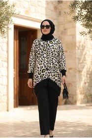 Resim Kirazca Butik Kadın Leopar Desenli Ribana Garnili Salaş Tesettür Tunik 
