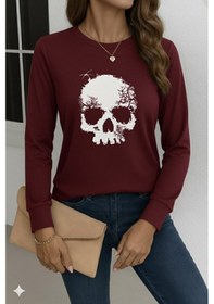 Resim Cottonlab Kadın Uzun Kollu Bisiklet Yaka Kurukafa Desenli Viskon Bluz Bordo 