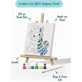 Resim Bere Ve Atkılı Sevimli Kedi Temalı Çocuk Boyama Tuvali Şövaleli Eğitici Boyama Seti 20x20 Cm 